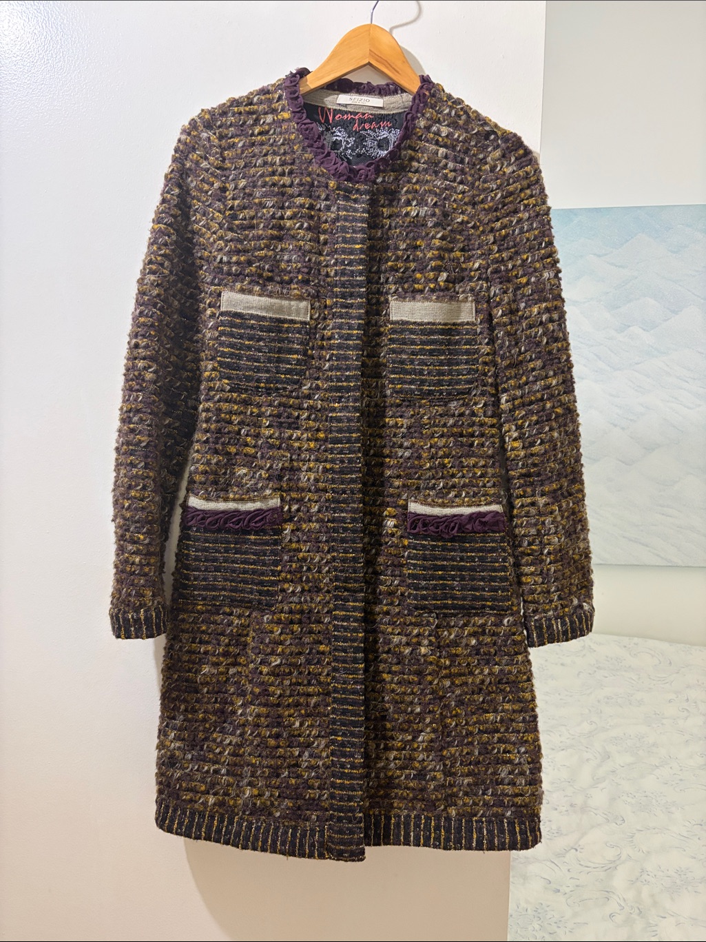 Womens Tweed Long Coat In Brown With Purple Trim By Unknown Brand